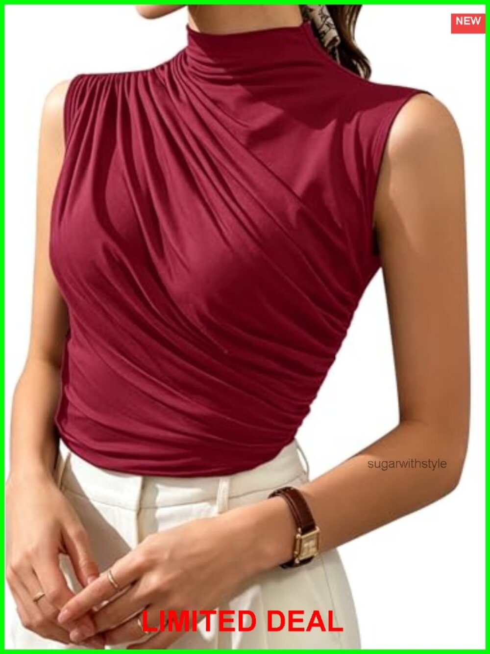 Sleeveless Ruched Mock Turtleneck Tank Top Slim Fit Viscose Blouse